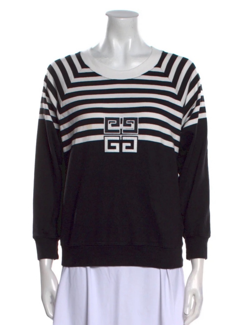 Givenchy Black and White Striped Crewneck Sweater with Center Emblem